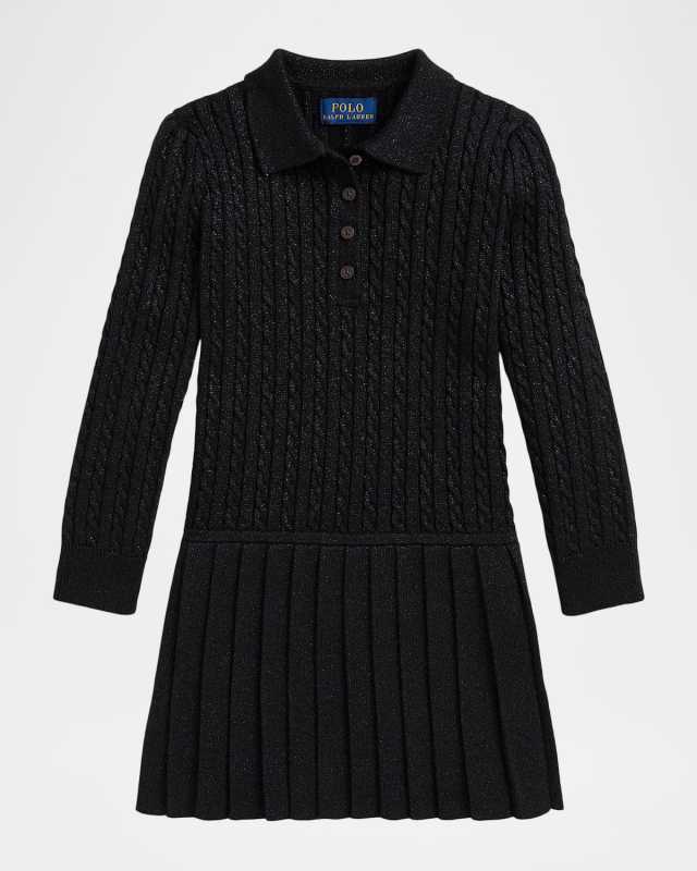 Girl's Metallic Mini-Cable Polo Sweater Dress, Size 2-6X